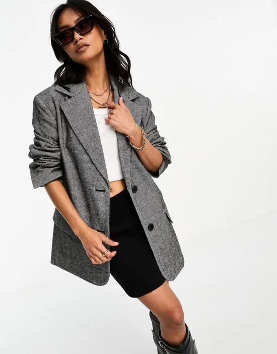 twill grandad oversized blazer in black mono