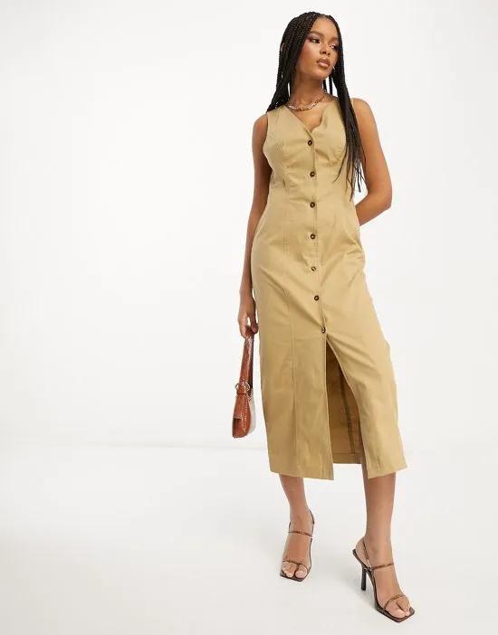 twill midi dress with button through in camel