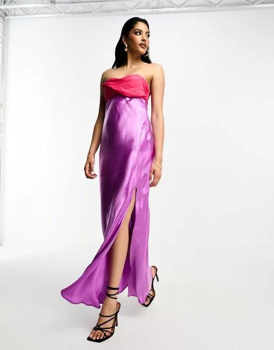 twist front bandeau maxi dress in satin and chiffon mix and side split in purple