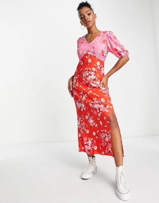 twist front midi dress in contrast floral print