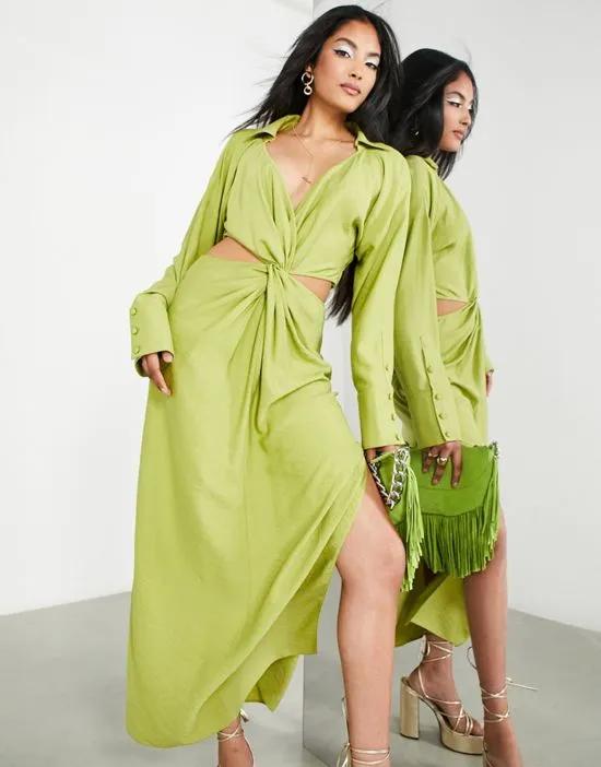 twist front midi shirt dress with cut out back in kiwi green