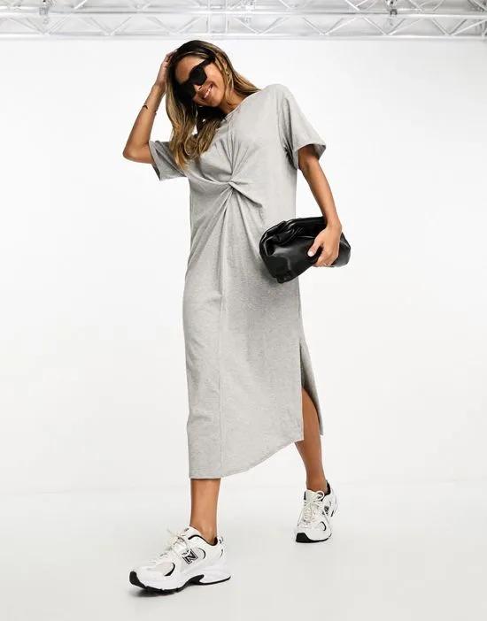 twist front midi t-shirt dress in gray