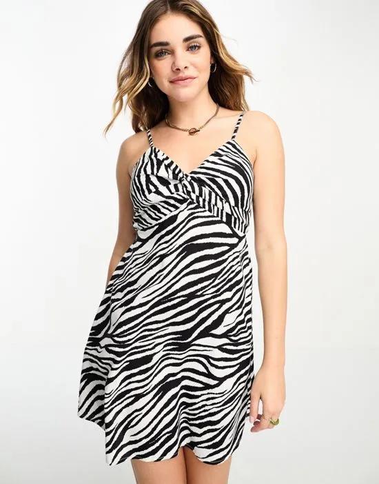 twist front mini slip dress in mono zebra