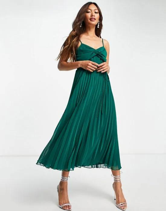 twist front pleated cami midi dress with belt in forest green