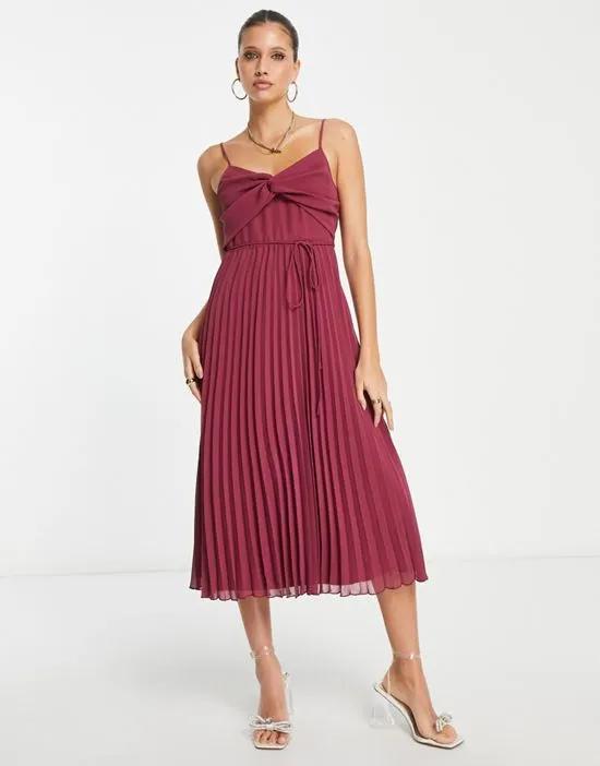 twist front pleated cami midi dress with belt in oxblood