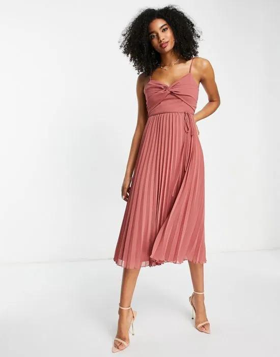 twist front pleated cami midi dress with belt in rose pink