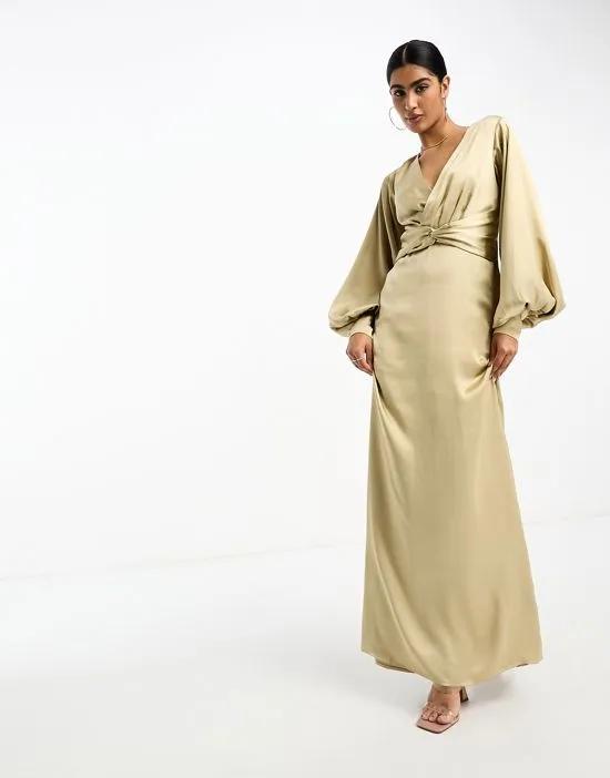 twist front satin maxi dress in champagne gold