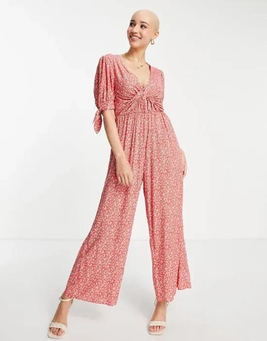 twist front tie sleeve jumpsuit in red floral