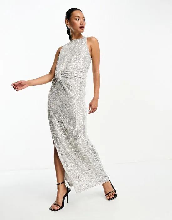 twist pleat maxi dress in sequin silver