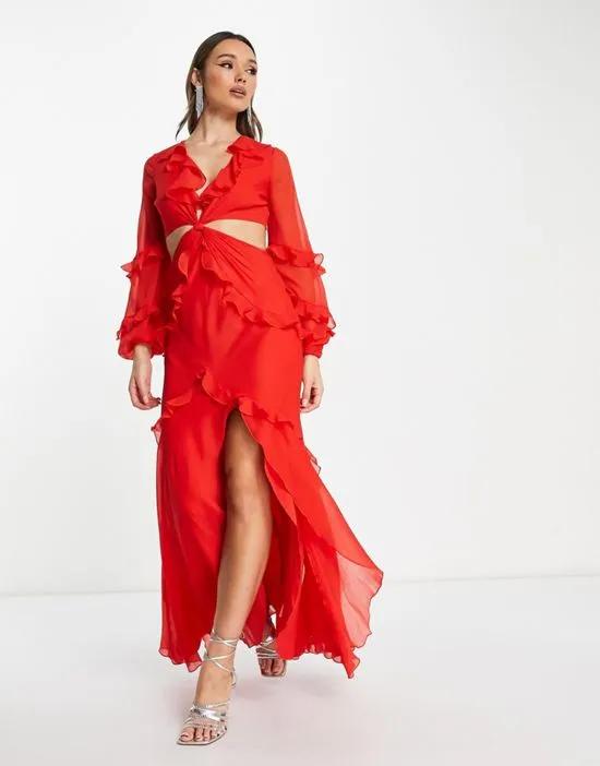 twist waist cut out maxi dress with ruffle detail in red