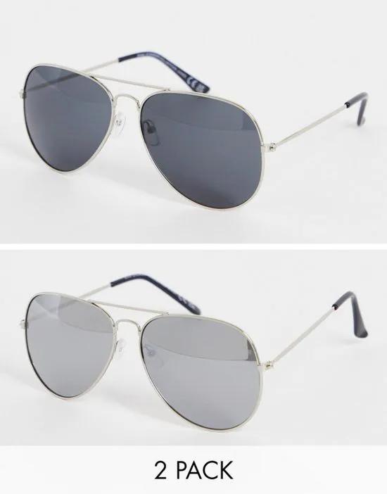 two pack aviator sunglasses in silver and black