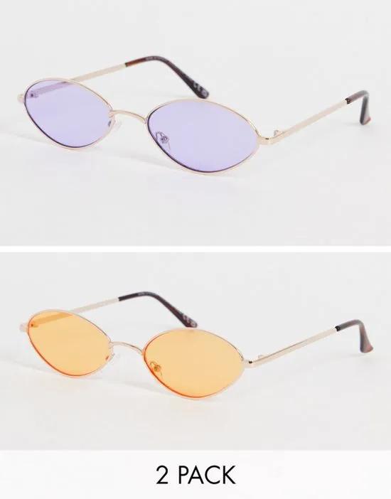 two pack round sunglasses with purple and orange lenses