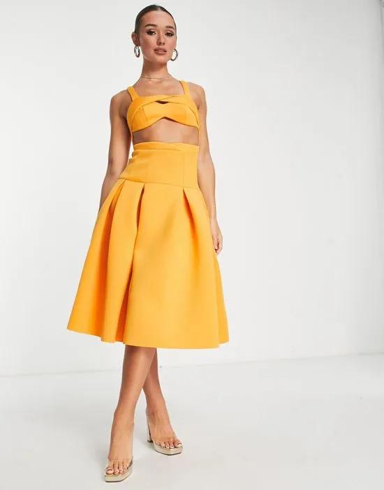 two piece dropped waist pleat midi prom dress in marigold