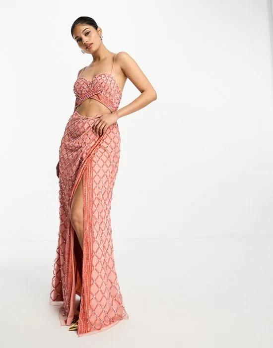 two piece embellished sequin maxi dress in coral