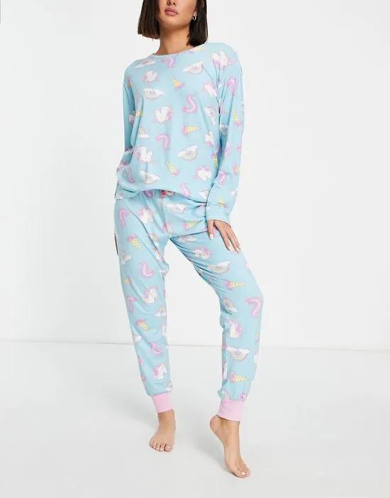 unicorn rainbow long pajama set in blue