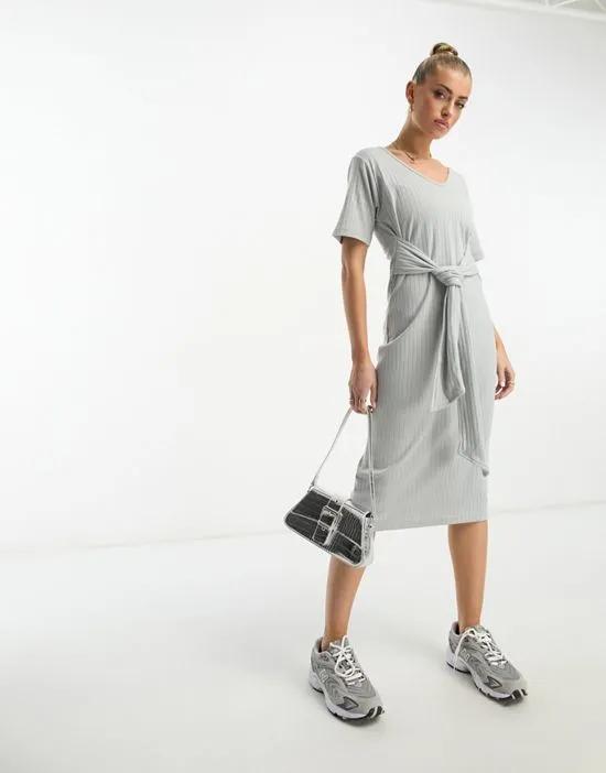 Unique21 v neck ribbed midi dress with tie detail in gray