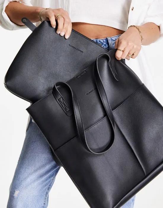 unlined two pocket tote bag with removable pouch in black