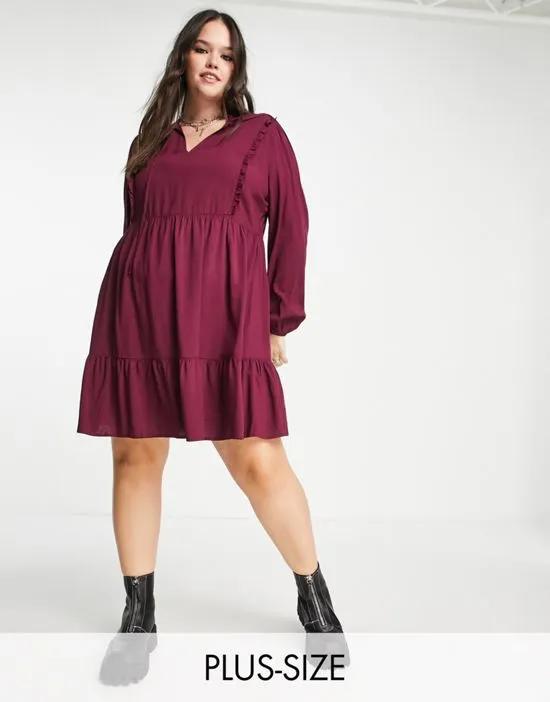 Urban Threads Plus smock mini dress with tie front in burgundy