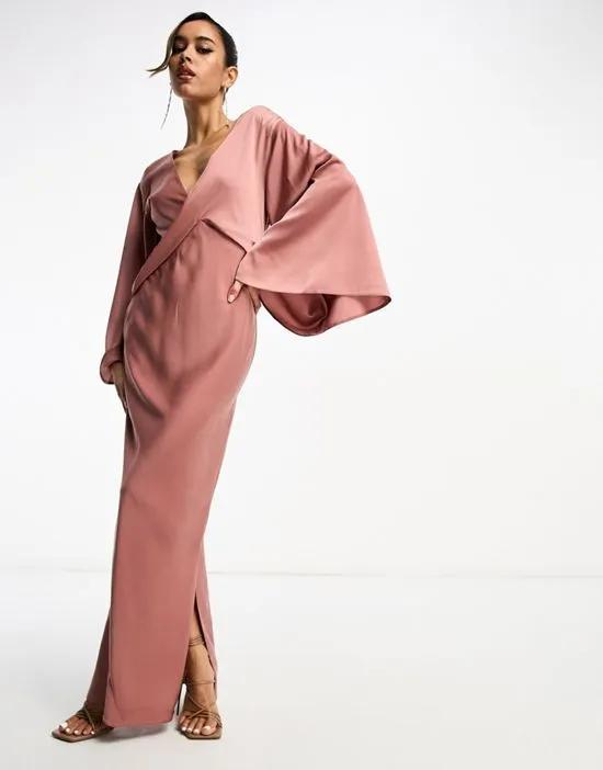 US Exclusive satin batwing maxi dress with drape bodice detail in toffee