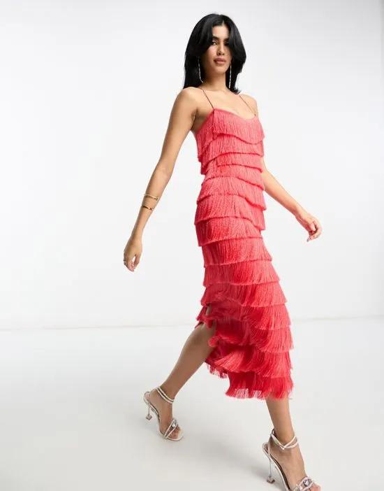 US Exclusive tiered midi fringed dress with cross back detail in hot pink
