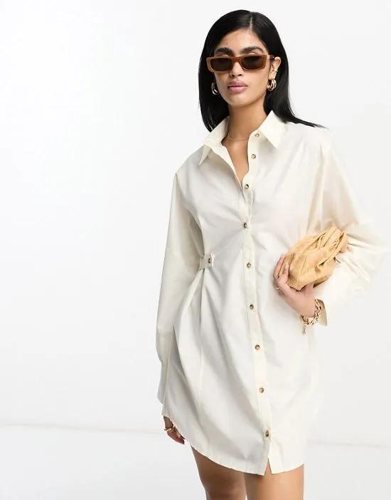utility mini shirt dress with tab waist with horn buttons in cream