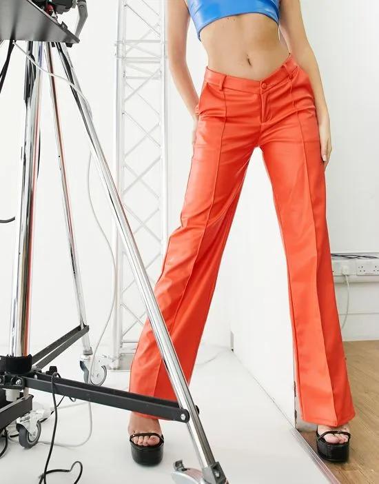 V-front leather look straight leg pants in orange