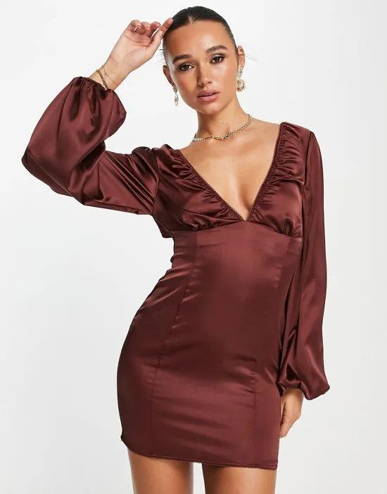 v front satin mini dress with picot trim in chocolate