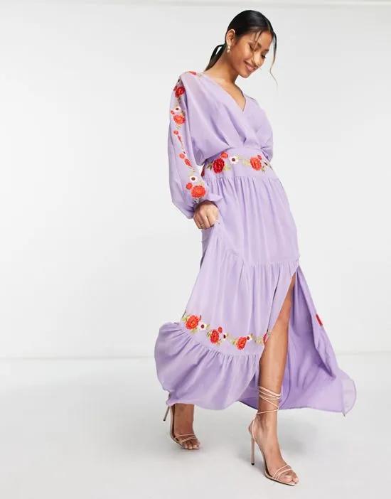 v neck batwing chiffon maxi dress with embroidery detail in lilac