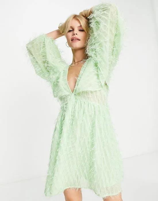 v neck batwing mini dress in fluffy in pop green