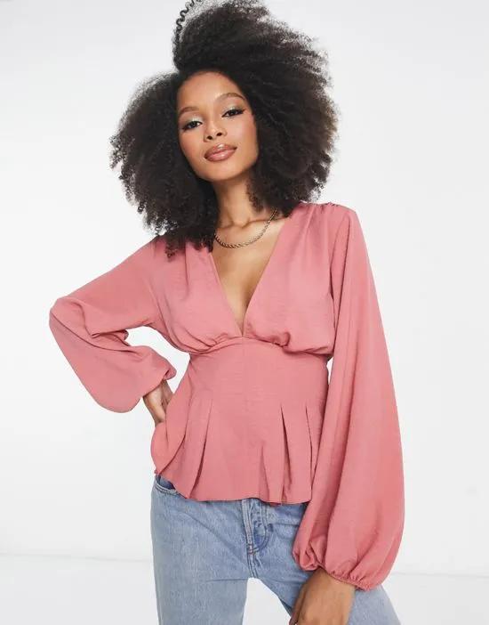 v-neck blouse with seaming detail in deep rose