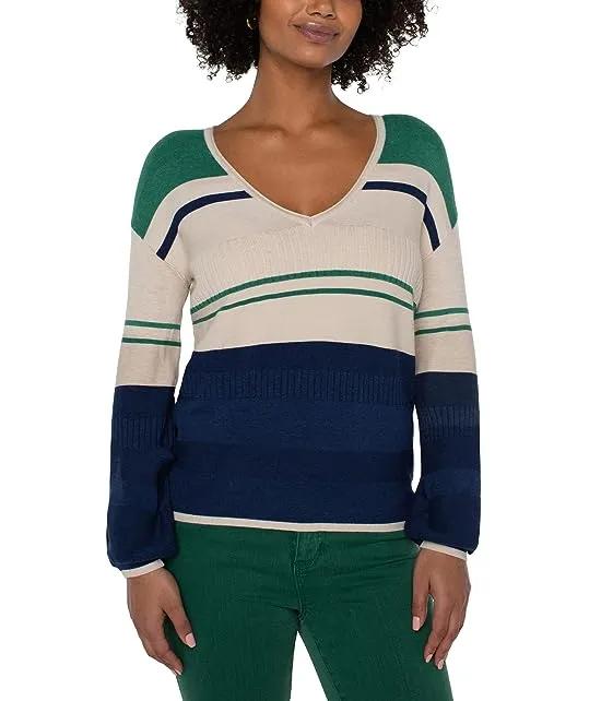 V-Neck Blouson Sweater with Color Blocking