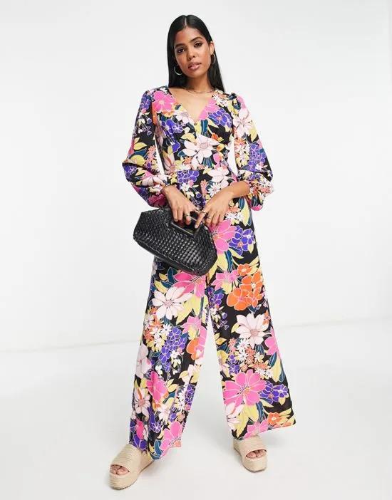 v-neck button front jumpsuit in bright retro floral