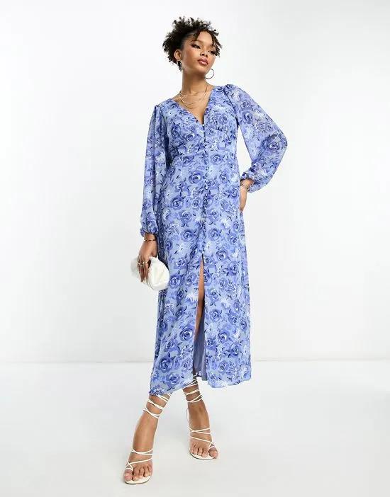 v neck button up maxi dress in blue floral