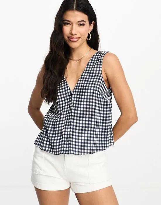 v neck crinkle cami with snap front navy gingham