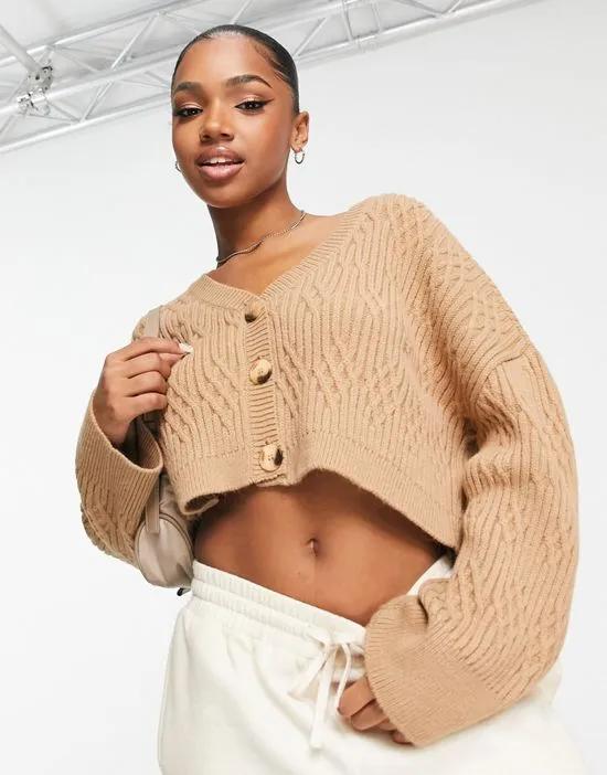v neck cropped cardigan with cable stitch in camel