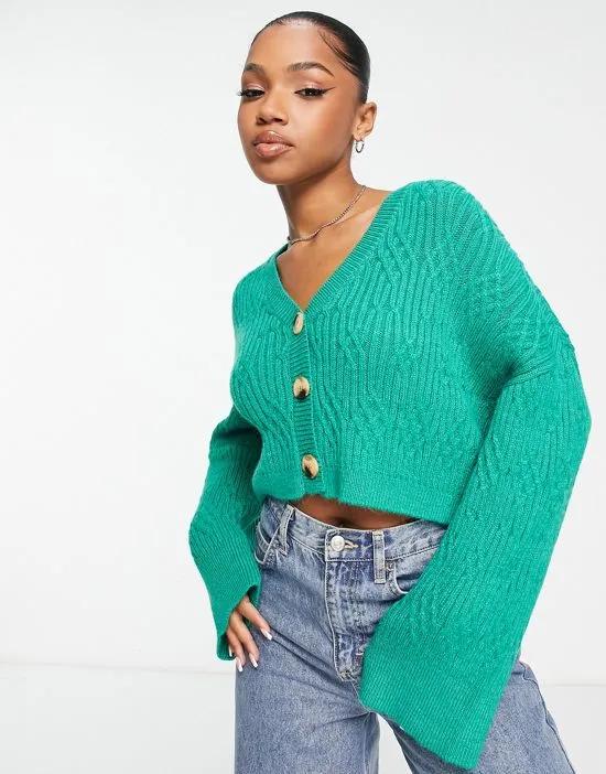 v neck cropped cardigan with cable stitch in green