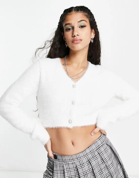 v neck cropped cardigan with diamante button in white