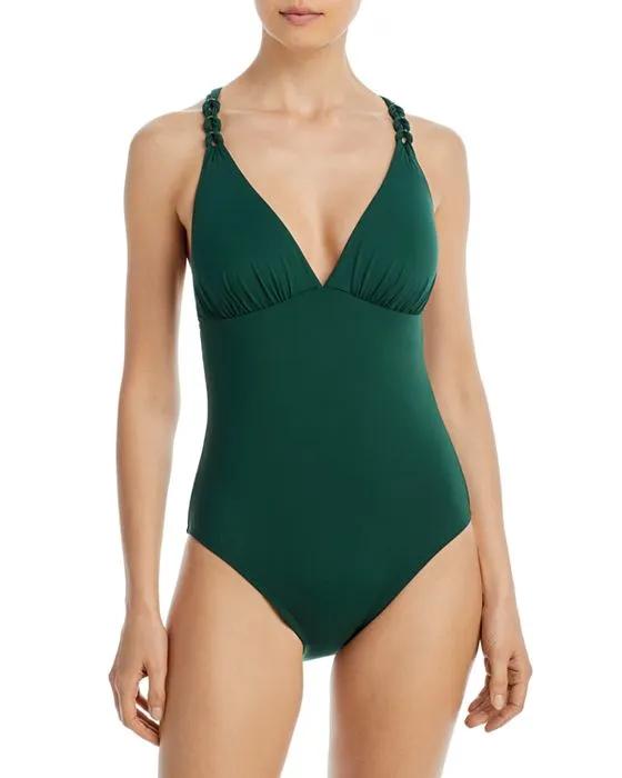 V Neck Embellished Strap One Piece Swimsuit - 100% Exclusive