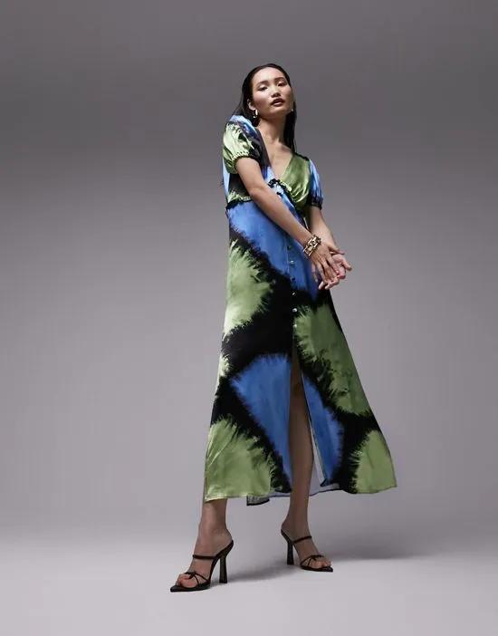v neck flutter sleeve printed maxi dress with in blue and green