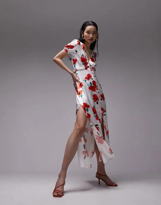 v neck flutter sleeve printed maxi dress with in poppy print
