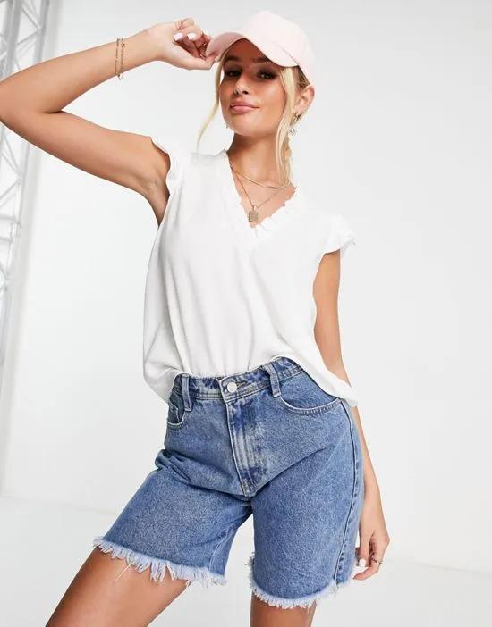 v-neck frill top with cap sleeve in white