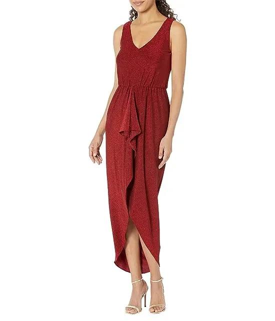 V-Neck Glitter Knit Gown with Ruched Front