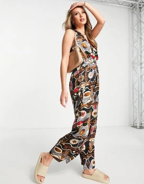 v neck jumpsuit in mixed print