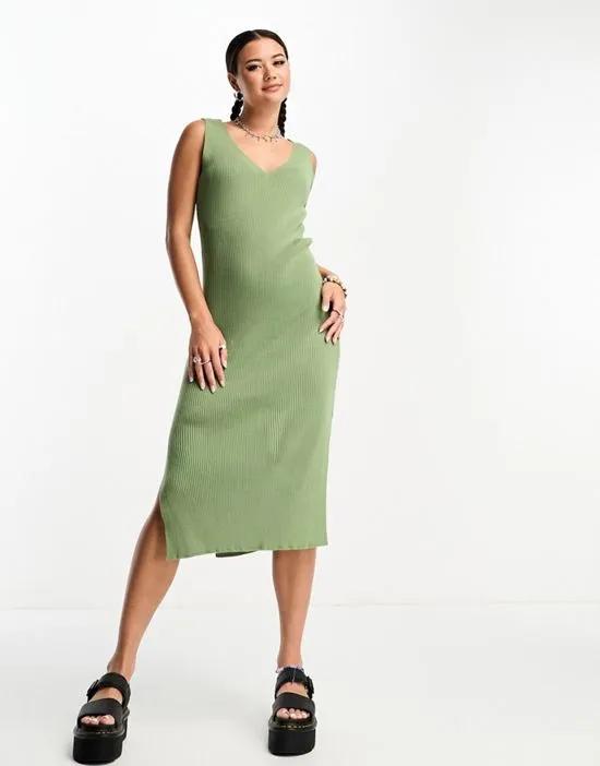 v-neck knit midi dress in olive