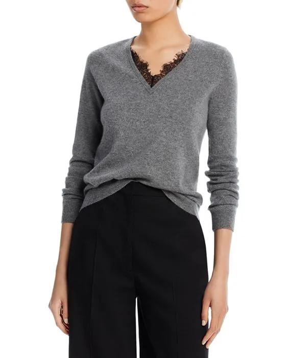 V-Neck Lace Trim Cashmere Sweater - 100% Exclusive