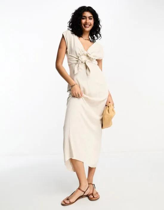 v-neck linen double bow detail pencil midi dress in stone
