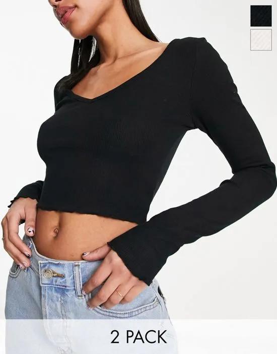 v neck long sleeve crop top 2 pack in black and white