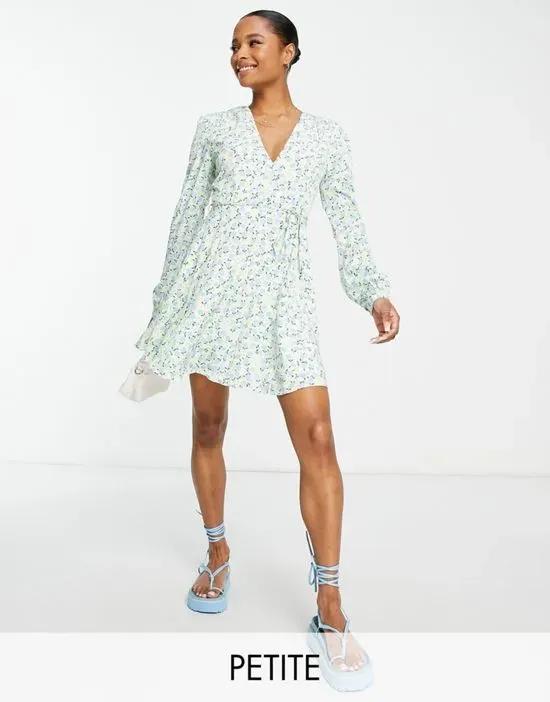 v neck long sleeve tea dress with tie waist in pastel floral