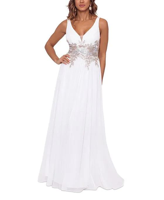 V-Neck Mesh-Waist Embroidered Chiffon Gown 