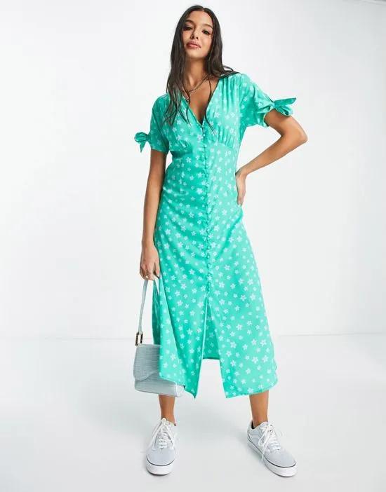 v-neck midi tea dress in green floral
